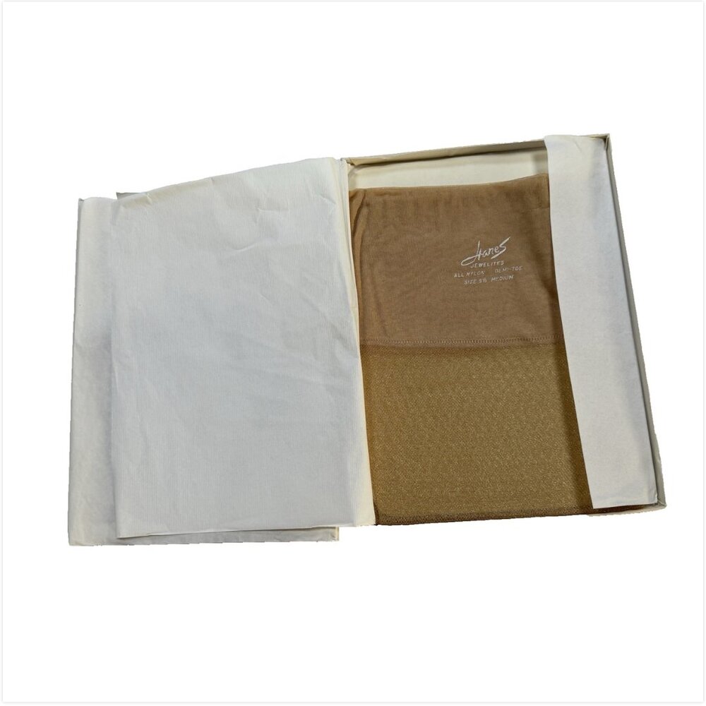 1PR Vintage HANES JEWELITES SHEER NYLON STOCKINGS - Soft Gold Demi Toe 9.5 Med